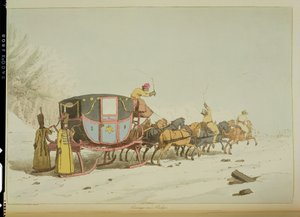 Carroza en Trineos, grabado por el artista, publicado en 1803 de John Augustus Atkinson